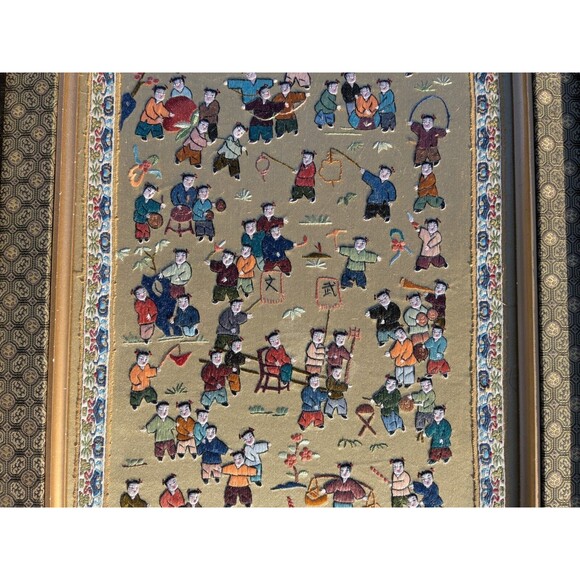 VTG Chinese Hand Embroidered Silk Panel-Hundred Children Playing-25x13" Framed - Picture 5 of 6